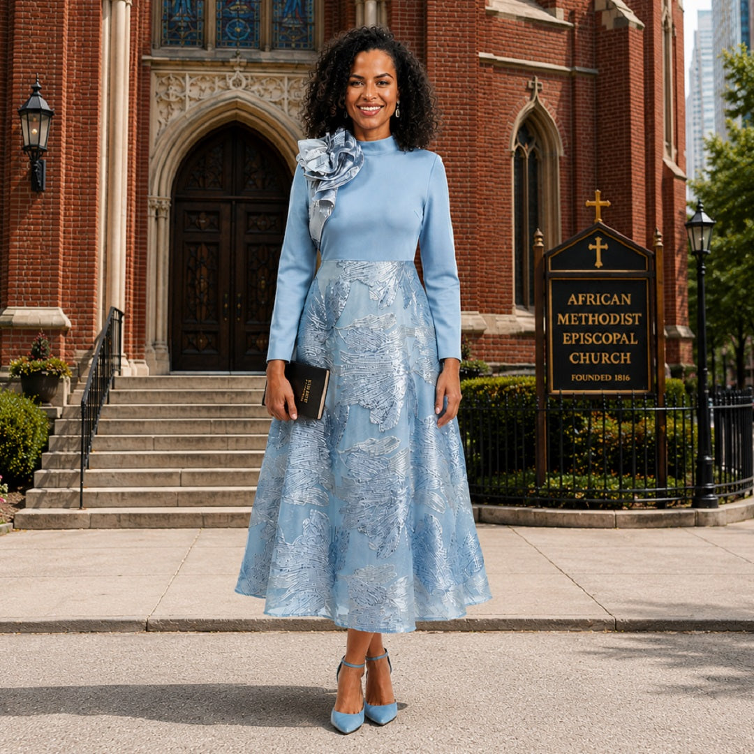 Donna Vinci Sky Blue, Crepe A-Line Maxi Dress with Floral Detail