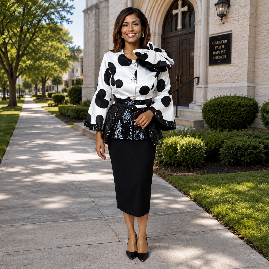Donna Vinci Black/White, Sequin Peplum Jacket & Skirt Ensemble