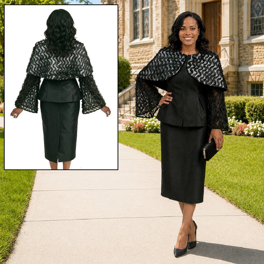 Donna Vinci Black, Peplum Jacket with Mini-Cape & Skirt Ensemble
