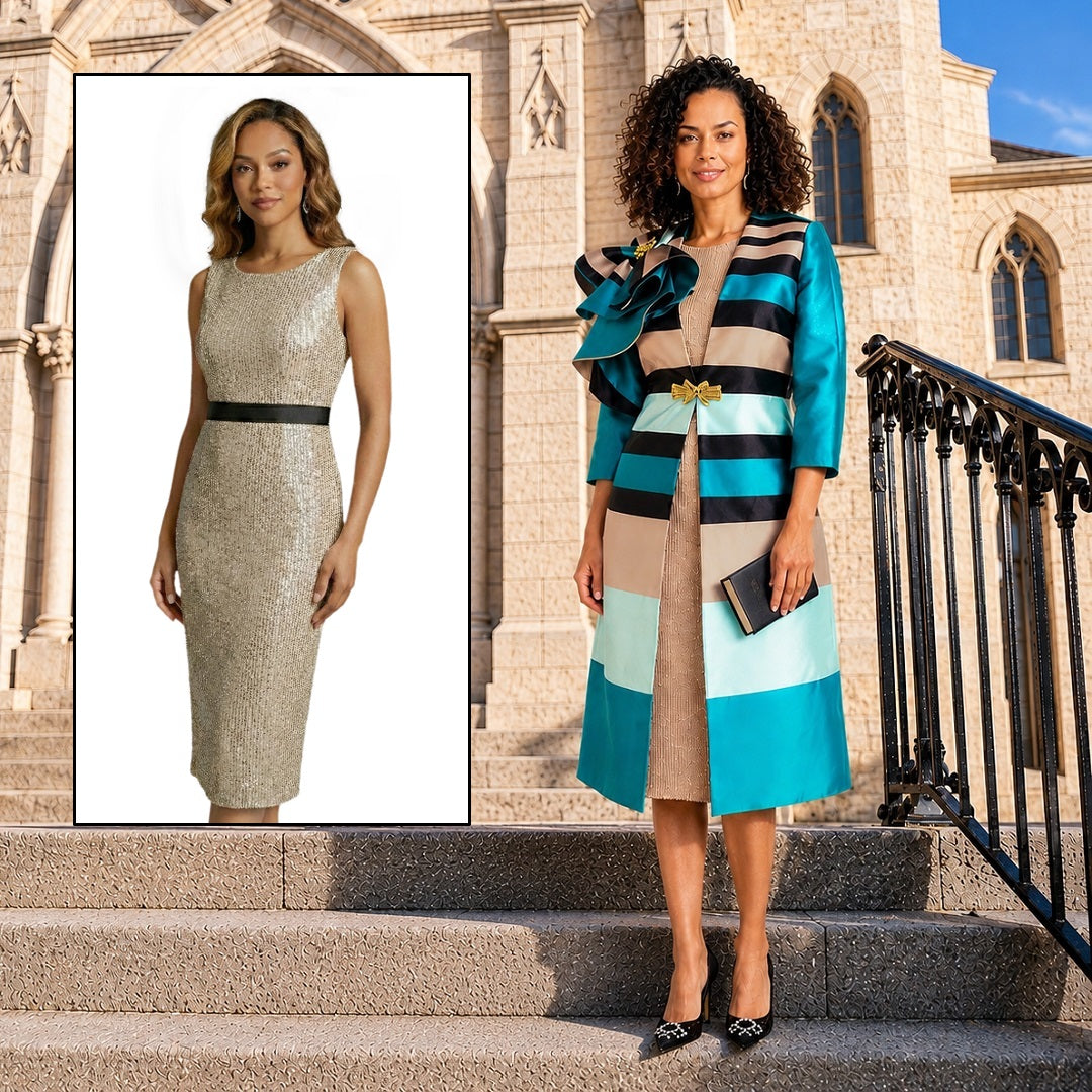 Donna Vinci Tan/Multi, Sequin Dress & Duster-Style Jacket Ensemble