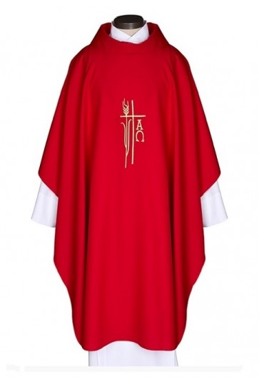 R.J. Toomey Alpha Omega Collection Red Monastic Chasuble with Cowl Neck and Inner Stole