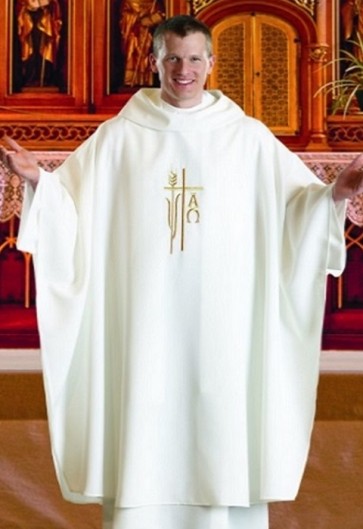 R.J. Toomey Alpha Omega Collection White Monastic Chasuble with Cowl Neck and Inner Stole