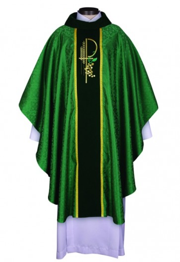 R.J. Toomey Eucharistic Jacquard Collection Green Chasuble with Velvet Cowl Neck and Inner Stole