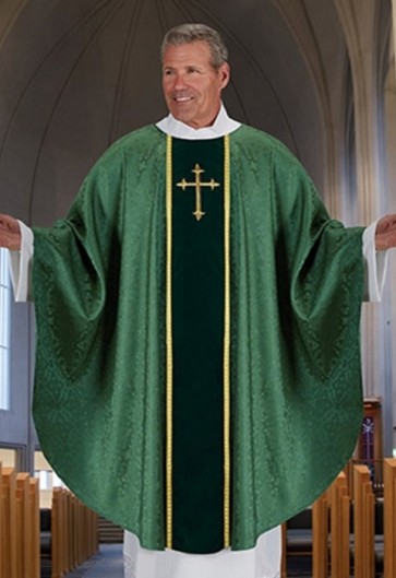R.J. Toomey Fleur-de-Lis Cross Jacquard Collection Green Chasuble with Round Neck and Inner Stole