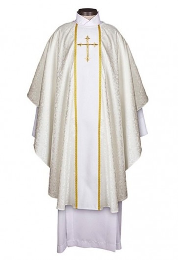 R.J. Toomey Fleur-de-Lis Cross Jacquard Collection White Chasuble with Round Neck and Inner Stole