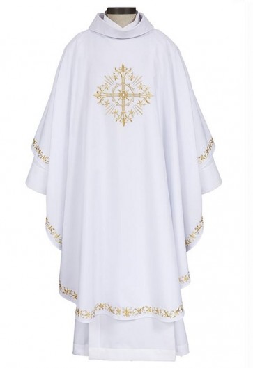 R.J. Toomey Holy Trinity Cross Collection White Gothic-Style Chasuble with Cowl Neck and Inner Stole
