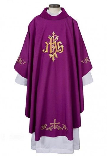 R.J. Toomey IHS Gothic Collection Purple Chasuble with Cowl Collar and Inner Stole