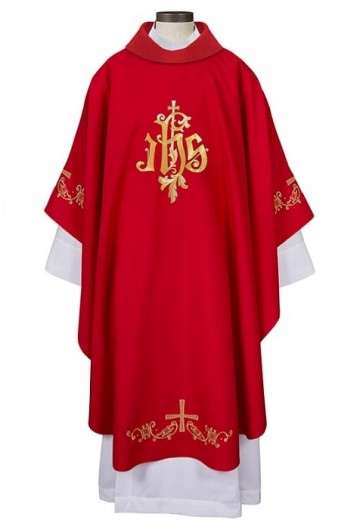 R.J. Toomey IHS Gothic Collection Red Chasuble with Cowl Collar and Inner Stole