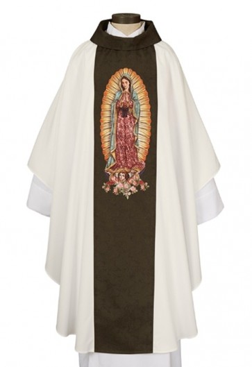 R.J. Toomey Our Lady of Guadalupe Ivory Gothic-Style Chasuble with Cowl Neck and Inner Stole