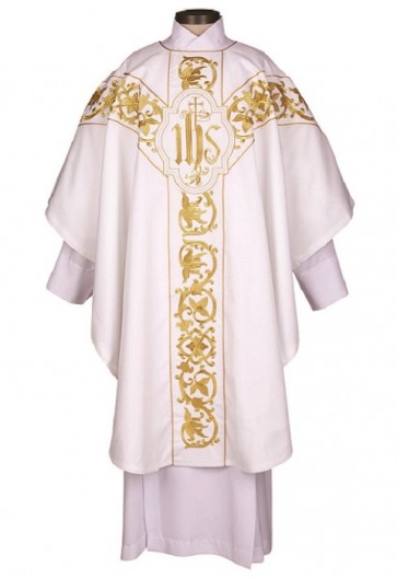 R.J. Toomey Roma Collection White Chasuble with Round Neck and Inner Stole