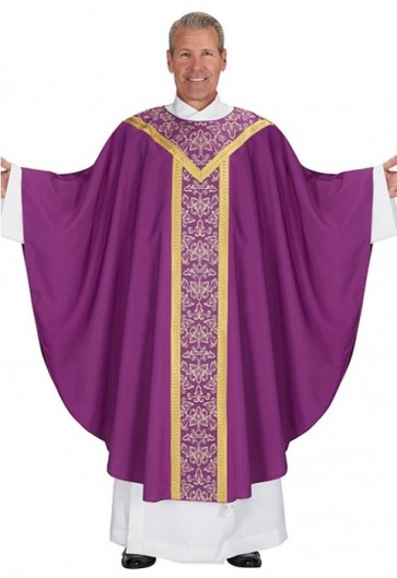 R.J. Toomey Saint Remy Collection Purple Gothic-Style Chasuble with Banded Round Neck and Inner Stole