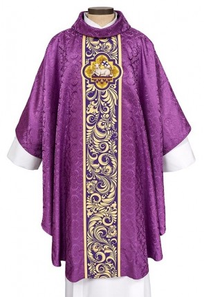 R.J. Toomey Agnus Dei Collection Purple Gothic-Style Chasuble with Cowl Neck and Inner Stole