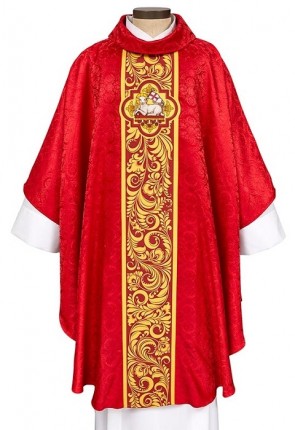 R.J. Toomey Agnus Dei Collection Red Gothic-Style Chasuble with Cowl Neck and Inner Stole