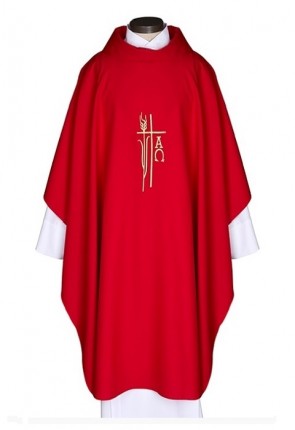 R.J. Toomey Alpha Omega Collection Red Monastic Chasuble with Cowl Neck and Inner Stole