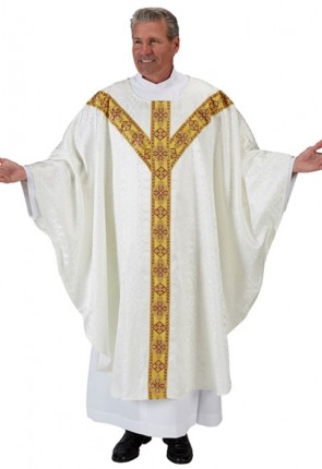 R.J. Toomey Avignon Collection Ivory Semi-Gothic Chasuble with Round Neck and Inner Stole