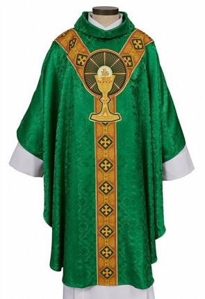 R.J. Toomey Body of Christ Green Gothic-Style Chasuble with Cowl Neck and Inner Stole