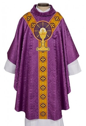 R.J. Toomey Body of Christ Purple Gothic-Style Chasuble with Cowl Neck and Inner Stole