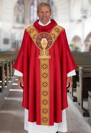 R.J. Toomey Body of Christ Red Gothic-Style Chasuble with Cowl Neck and Inner Stole
