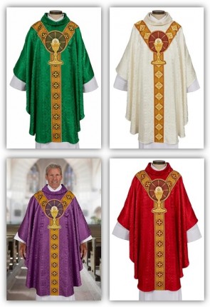 R.J. Toomey Body of Christ Set of Four Gothic-Style Chasubles with Cowl Neck and Inner Stoles