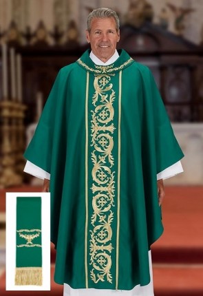 R.J. Toomey Capella Collection Green Gothic-Style Chasuble with Cowl Neck and Inner Stole