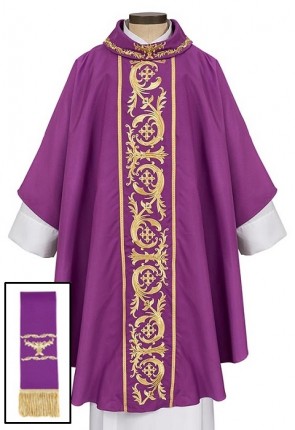R.J. Toomey Capella Collection Purple Gothic-Style Chasuble with Cowl Neck and Inner Stole