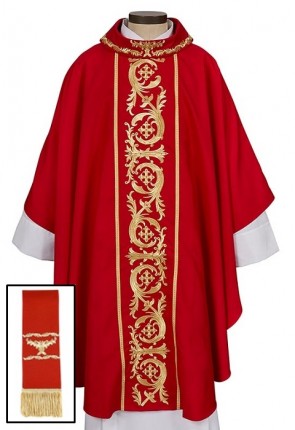 R.J. Toomey Capella Collection Red Gothic-Style Chasuble with Cowl Neck and Inner Stole
