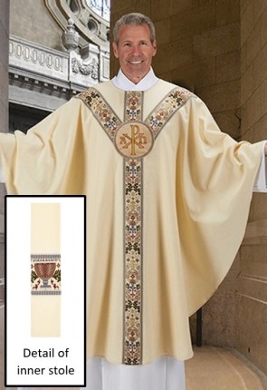 R.J. Toomey Coronation Collection Ivory Chi Rho Semi-Gothic Chasuble with Inner Stole