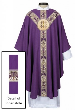 R.J. Toomey Coronation Collection Purple Jerusalem Cross Semi-Gothic Chasuble with Inner Stole