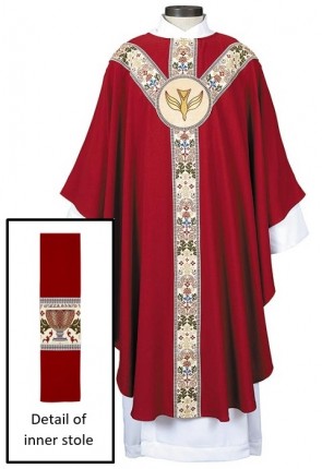 R.J. Toomey Coronation Collection Red Dove Semi-Gothic Chasuble with Inner Stole