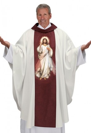 R.J. Toomey Divine Mercy Ivory Gothic-Style Chasuble with Cowl Neck and Inner Stole