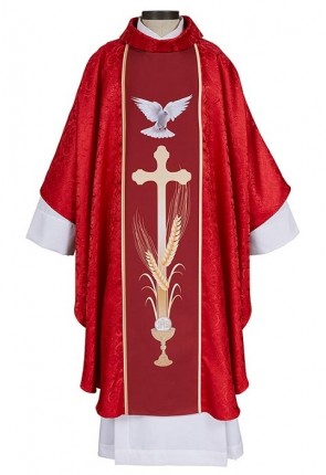 R.J. Toomey Dove and Cross Red Gothic-Style Chasuble with Cowl Neck and Inner Stole