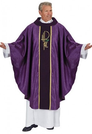 R.J. Toomey Eucharistic Jacquard Collection Purple Chasuble with Velvet Cowl Neck and Inner Stole