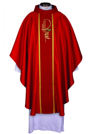 R.J. Toomey Eucharistic Jacquard Collection Red Chasuble with Velvet Cowl Neck and Inner Stole
