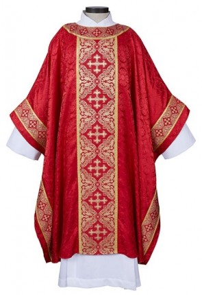 R.J. Toomey Excelsis Collection Red Monastic Chasuble with Banded Round Neck and Inner Stole