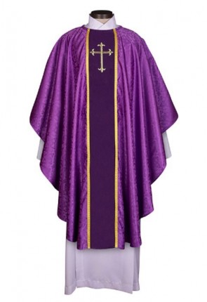 R.J. Toomey Fleur-de-Lis Cross Jacquard Collection Purple Chasuble with Round Neck and Inner Stole