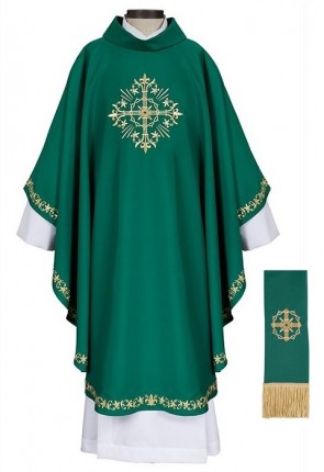 R.J. Toomey Holy Trinity Cross Collection Green Gothic-Style Chasuble with Cowl Neck and Inner Stole