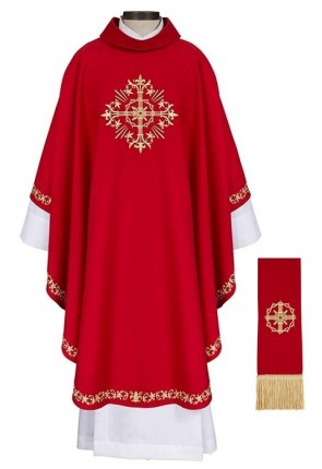 R.J. Toomey Holy Trinity Cross Collection Red Gothic-Style Chasuble with Cowl Neck and Inner Stole
