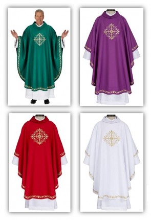 R.J. Toomey Holy Trinity Cross Collection Set of Four Gothic-Style Chasubles with Cowl Neck and Inner Stoles