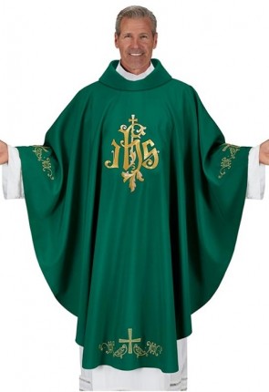 R.J. Toomey IHS Gothic Collection Green Chasuble with Cowl Collar and Inner Stole
