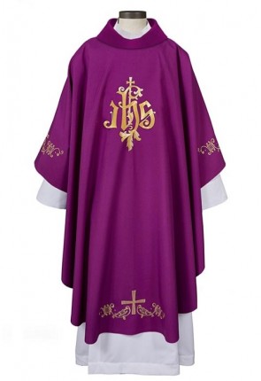 R.J. Toomey IHS Gothic Collection Purple Chasuble with Cowl Collar and Inner Stole