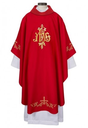R.J. Toomey IHS Gothic Collection Red Chasuble with Cowl Collar and Inner Stole