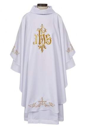 R.J. Toomey IHS Gothic Collection White Chasuble with Cowl Collar and Inner Stole