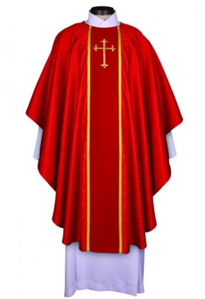 R.J. Toomey Fleur-de-Lis Cross Jacquard Collection Red Chasuble with Round Neck and Inner Stole