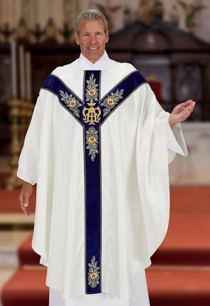 R.J. Toomey Marian Collection White Gothic-Style Chasuble with Round Neck and Inner Stole