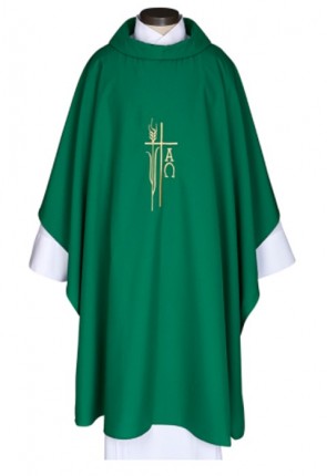 R.J. Toomey Alpha Omega Collection Green Monastic Chasuble with Cowl Neck and Inner Stole