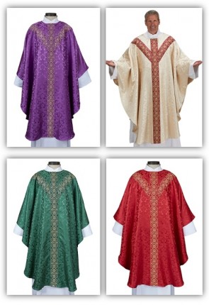 R.J. Toomey Monreale Set of Four Semi-Gothic Chasubles with Round Neck and Inner Stoles