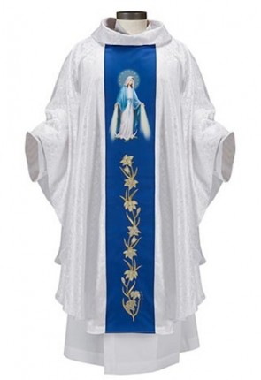 R.J. Toomey Our Lady of Grace White Monastic Chasuble with Cowl Neck and Inner Stole