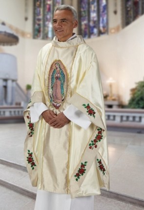 R.J. Toomey Our Lady of Guadalupe Ivory Monastic Chasuble with Cowl Neck and Inner Stole
