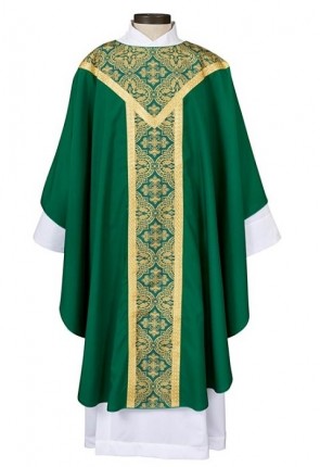 R.J. Toomey Printed Gothic Collection Green Chasuble with Banded Round Neck and Inner Stole