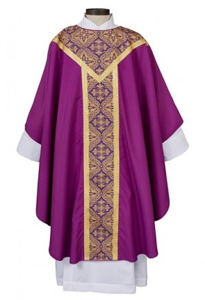 R.J. Toomey Printed Gothic Collection Purple Chasuble with Banded Round Neck and Inner Stole